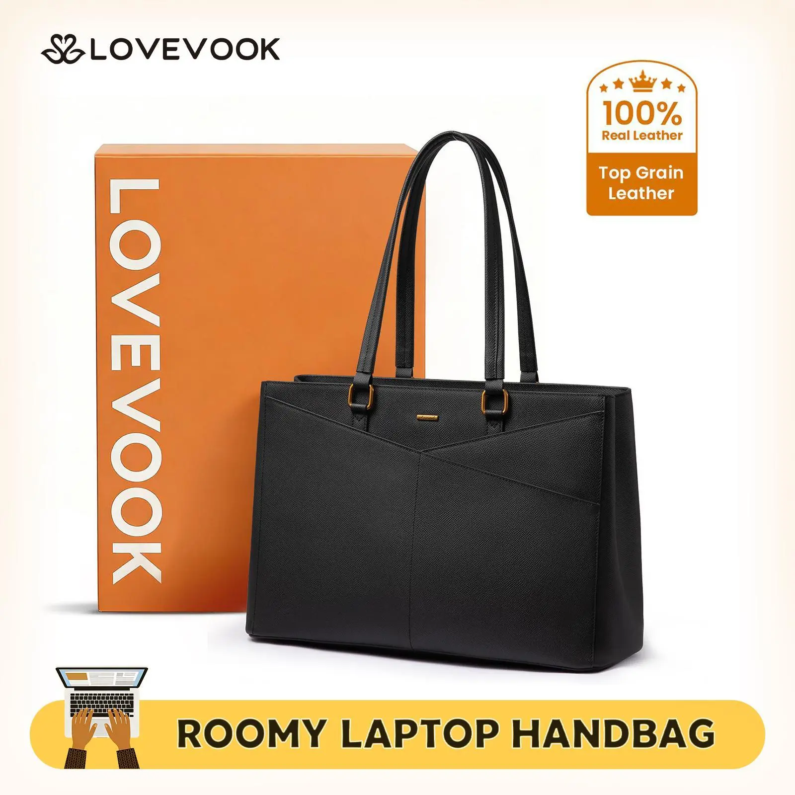 LOVEVOOK ELEVATE Series Top-Grain Leather Tote--100% Cowhide Casual Commuter Bag with V-Neck Design & Laptop Compartment Perfect for Office & Business Travel TikTokShopBackToSchool