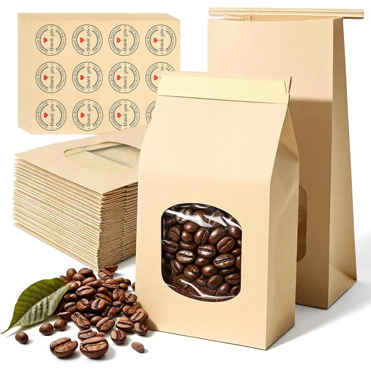 100Pcs Cookie Bags Bakery Bags with Window,Brown Kraft Paper Bags with Tin Tie Tab Lock,108 Labels Treat Bags for Homemade Cookies, Pastries, Coffee Bean,