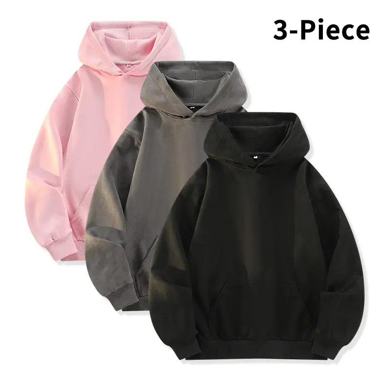 3-piece unisex set for autumn/winter, minimalist hoodie sweatshirt sets in multiple colors, low saturation, loose suede-like fabric pullover sweatshirts, Instagram-inspired casual hoodies men