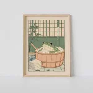 Japanese Frog in a Bathtub Print, Japanese Bathroom Wall Art, Japandi Art, Relaxing Poster, Japanese Wall Decor, Bathroom Decor, Fun Graphics, Fresh Styles, Updated for Today