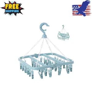 Clothes Drying Rack with 32 Clips, Foldable Hanging Rack, 360° Rotatable Hook Light Blue