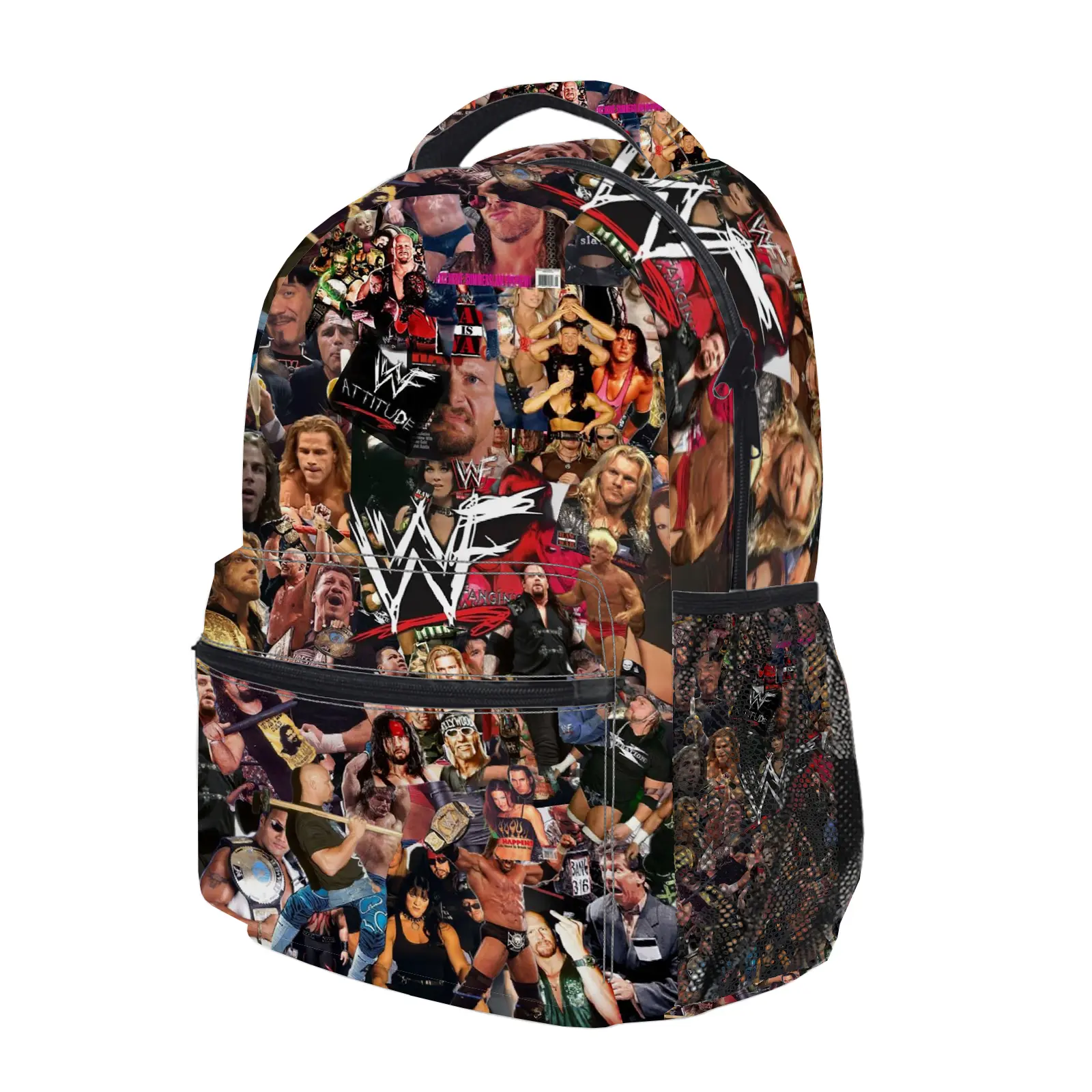 WWE Backpack, Cute Y2K Fashion School Bag for Girls and Teens, Durable Cartoon Printed Bookbag with Mesh Side Pockets, Lightweight Travel Daypack for Back to School c-283