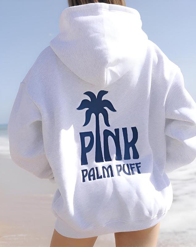 Beach Hoodie Pink Palm Tree Graphic, Coastal Pullover