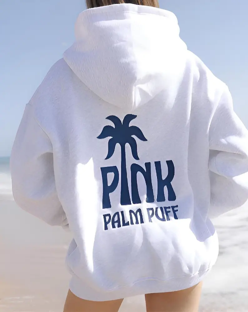 Beach Hoodie Pink Palm Tree Graphic, Coastal Pullover