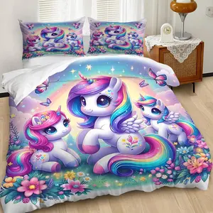 2/3Pcs Dreamy Rainbow Unicorn Pattern Duvet Cover Set, Rainbow Flower Sea Dreamy Style Bedding Set, Soft Microfiber Material for Cozy Sleep, Providing Comfortable Sleeping Experience. Includes 1 or 2 Pillowcases, Unfilled/Zippered Closure