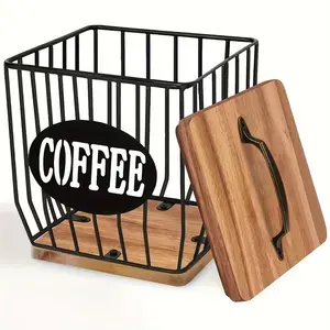 Large capacity black metal square K-cup coffee bean rack with lid, attached with wooden base, modern coffee basket decoration, suitable for counters, coffee bars, coffee beans and capsules, kitchen supplies, coffee bar accessories, coffee storage racks