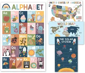 ABC, US Map, World Map, Solar System Posters | Set of 4 | PreK Educational Posters Classroom Supplies Charts Visual Learning Tools
