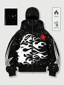Flame Women's Trendy Brand Men's Hoodie Zipper cardigan Street Style rhinestone Decorative Windproof Hat with Two Hats Jacket Men's Autumn/Winter Plush Coat Hoodie Street Wind
