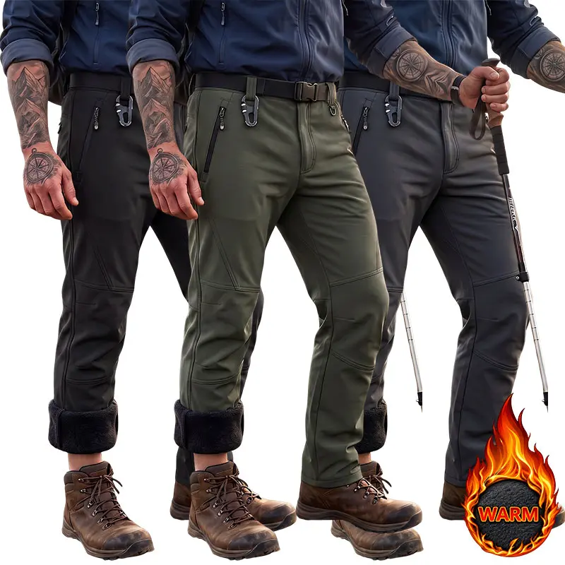 Thickened warm pants for autumn/winter, waterproof and windproof long pants; men’s fleece-lined outdoor shell pants; straight-leg hiking pants for outdoor sports and camping.