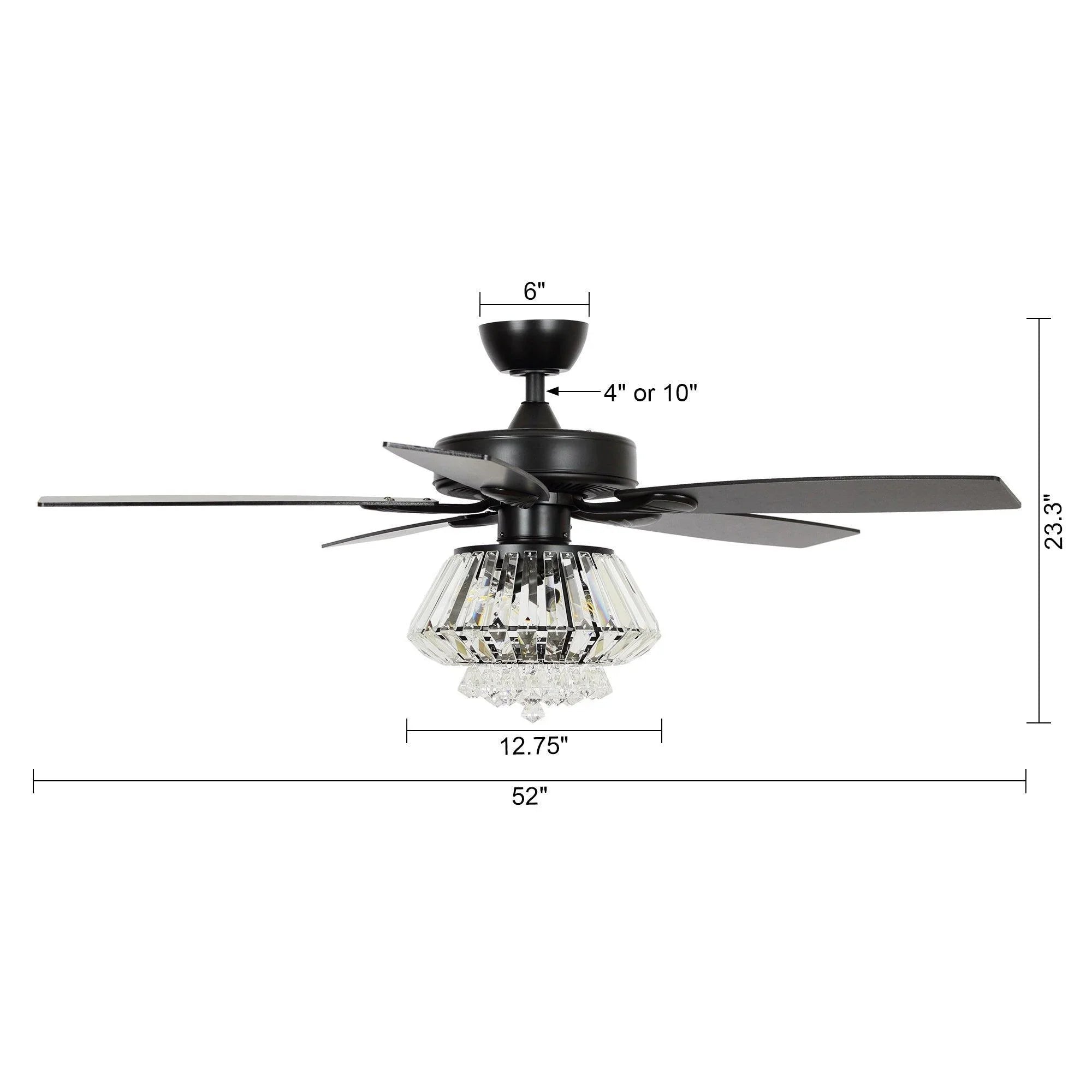 52" Kerala Modern Chrome Crystal Ceiling Fan, Downrod Mount, Reversible Blades with LED Light & Remote Control