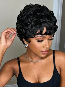 Lovely Short Curly Pixie Cut Wig in Natural Black, Glueless Design with Bangs, Beginner Synthetic Wig, Gift for Mother, Beginner Friendly Wigs