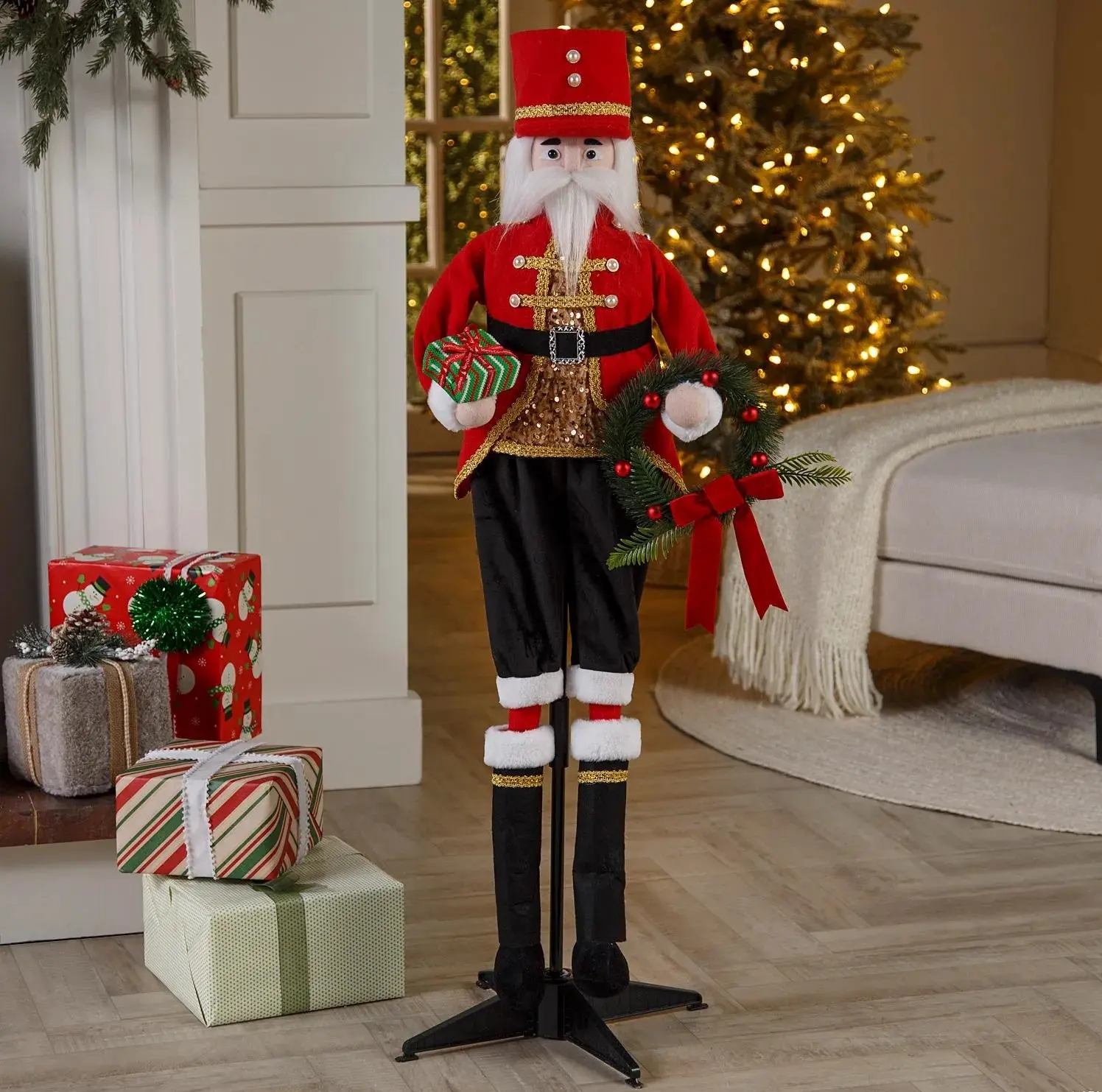 46 Inch Animated Christmas Nutcracker Soldier with Wreath Decoration