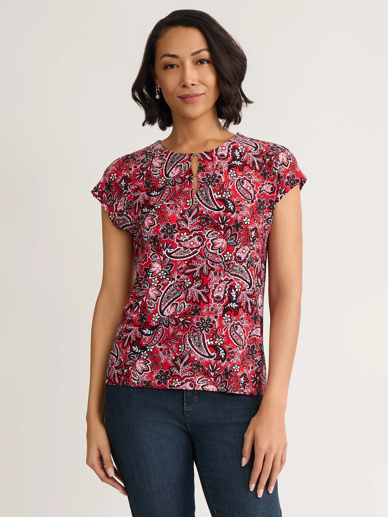 Petite Keyhole Cap Sleeve Top, Jersey Knit