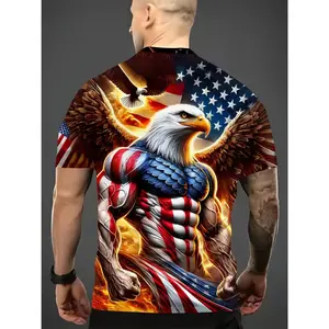 Men'S Patriotic Eagle 3D Printed T-Shirt - Comfortable And Breathable, Round Neck, Short Sleeves - Perfect for Summer Outdoor Activities, Casual Design Featuring The American Flag with a Flaming Eagle Pattern