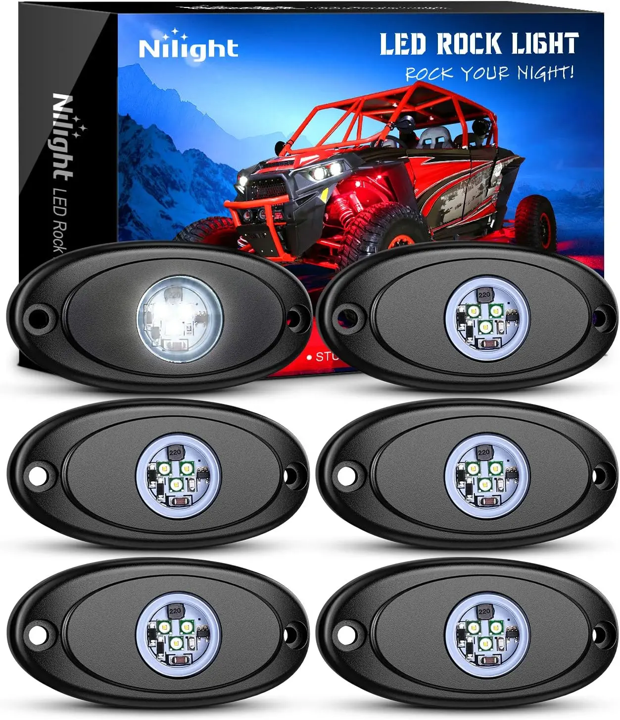 Nilight 6PCS LED Rock Lights Multipack - Aluminum Housing, Weatherproof, 10-32V Range, Long-Lasting High-Visibility Underbody Light Kit for Cars, Motorcycle, Tool Box
