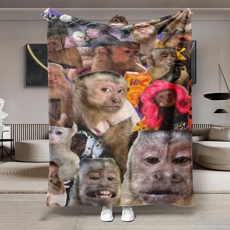 Silly Monkey Face Collage Throw - Funny Capuchin Mood Board Flannel Fleece. Soft Warm Goofy Animal Blanket for Couch. Hilarious Prank Gift for Boyfriend, Weird Aesthetic Bedroom Wall Hanging Art game day girlfriend multifunctional