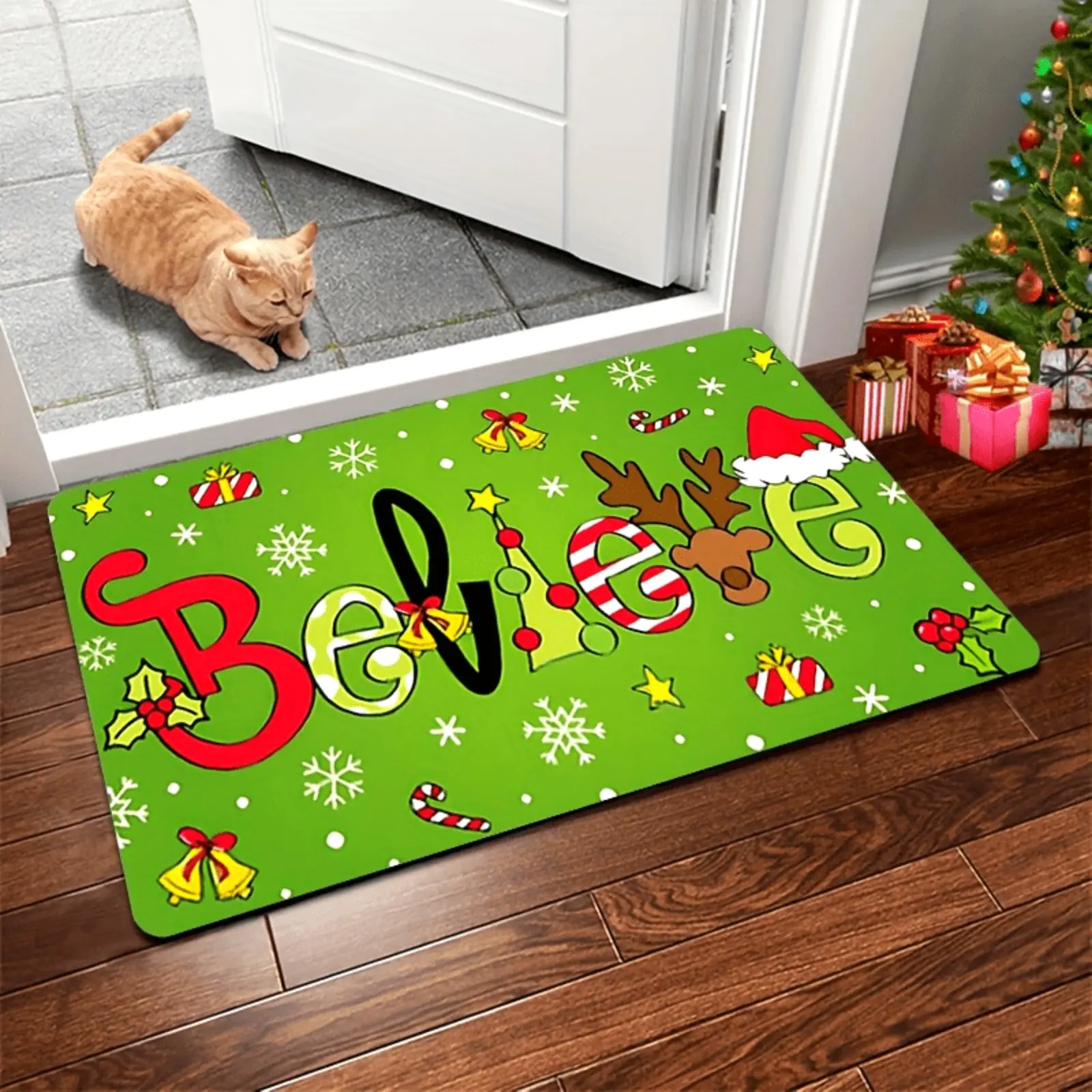 Funny Merry Christmas Doormat, Green Kitchen Welcome Mat, Xmas Door Mat with Reindeer and Believe Design Suitable for Kitchen, Corridor, Bathroom, Laundry Room, Holiday Decoration Home Decor