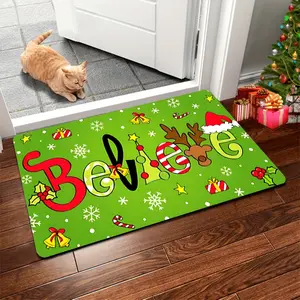 Funny Merry Christmas Doormat, Green Kitchen Welcome Mat, Xmas Door Mat with Reindeer and Believe Design Suitable for Kitchen, Corridor, Bathroom, Laundry Room, Holiday Decoration Home Decor