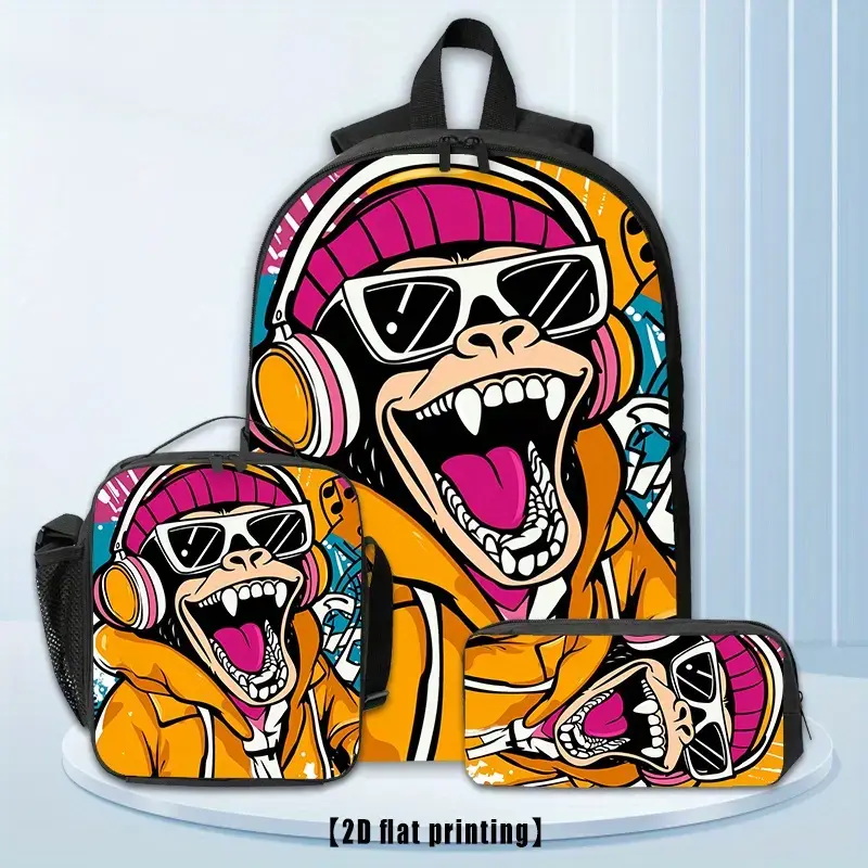 DJ Gorilla Print 3-Piece Set (includes backpack, lunch bag, and pencil case), 17-inch laptop backpack, lightweight hiking backpack; suitable for school, commuting, and travel—a back-to-school essential.