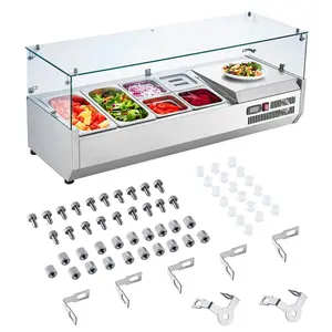 【Summervibes】VEVOR Refrigerated Condiment Prep Station,  , 135 W Countertop Refrigerated Condiment Station, with 2 1/3 Pans & 4 1/6 Pans, 304 Stainless Body and PC Lid, Sandwich Prep Table with Glass Guard, ETL