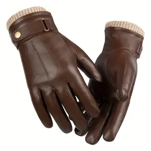 Men's Winter Thermal Touchscreen Gloves - Soft Sheepskin Full-Finger Design with Adjustable Wrist Strap, Brown Cold Weather Gloves for Dad or Husband, Fashionable Hand Washable Gift, Sleek Leather Gloves | Durable Glove Design, Winter Glove