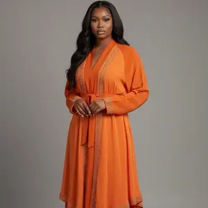 Women's Elegant Luna 3-Piece Rhinestone Abaya Set, Including Matching Hijab and Waist Belt