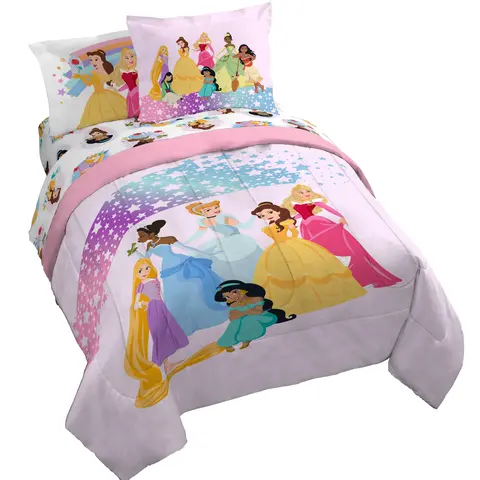 JAY FRANCO Sunny Side Up Disney Princess Bedding Set with Sham - Aurora, Belle Character-Themed, Cartoon Style Bedding for Toddler Girls with Dreams-Inspired Whimsical Vibrant Design