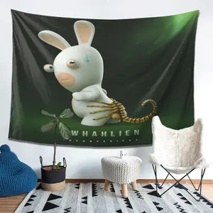 Tapestry Raving Rabbids Inspired - Adorable White Rabbit Character Wall Decoration With A Green Starry Night Backdrop, Soft Peach And Light Beige Fabric For Indoor/Outdoor Use In Game Rooms, Parties, And Homes - No Electricity Required