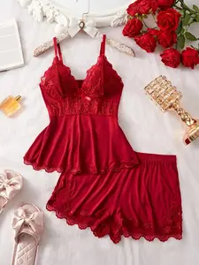Women's Cami Top & Lace Trim Shorts Pyjama Two-piece Set, Casual Comfy Camisole & Shorts PJ Set, Ladies Sleepwear for All Seasons