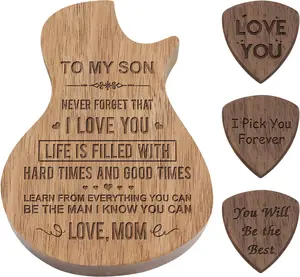 Engraved Personalized  Guitar Picks Box, Guitar Shaped Plectrum Container with 3 count Standard Picks (To Son from Mom)
