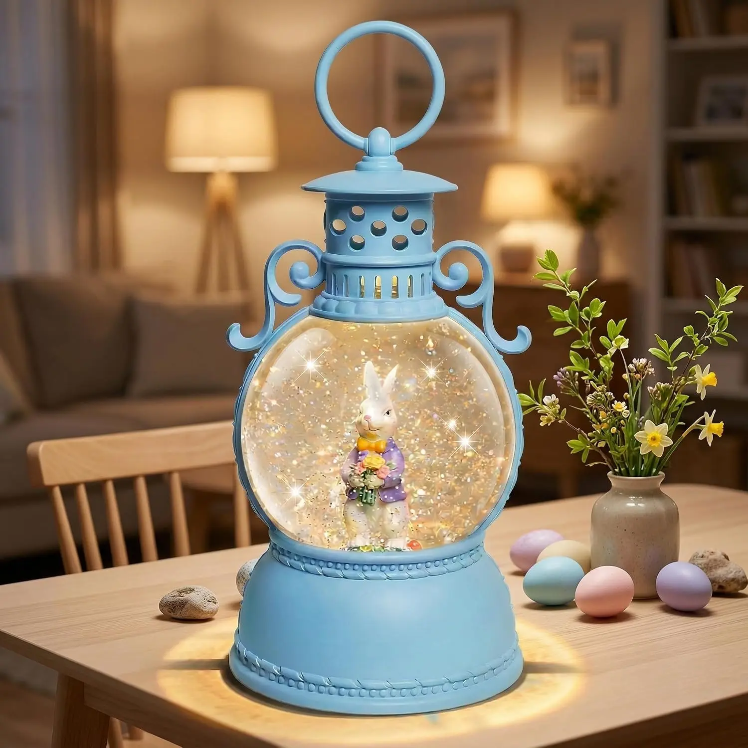 9.4" Bunny Couple Lighted Easter Snow Globe Lantern with 6-Hour Timer, Battery or USB Powered, Spring Easter Home Decorations, Ideal Easter Bunny Gift for Blue Easter Decor