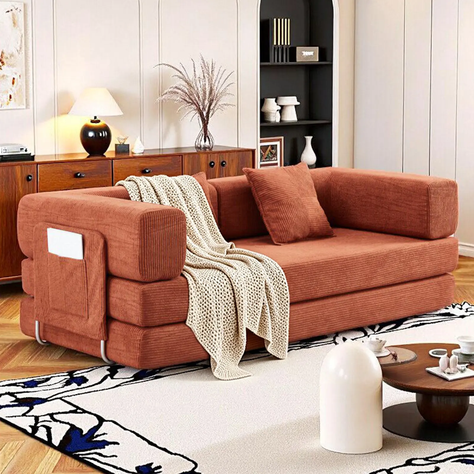 78-inch modular corduroy sofa bed, a multifunctional casual sofa that can be freely combined, includes throw pillows, a steel fixed frame, soft corduroy fabric, wear-resistant and scratch-resistant, suitable for living rooms and bedrooms.