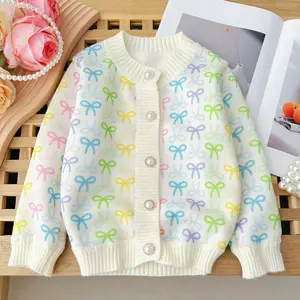 Toddler Girl's Cute Rainbow Bow Knitted Cardigan with Pearl Buttons Soft & Stylish Sweater for Little Fashion Enthusiasts Baby Clothing