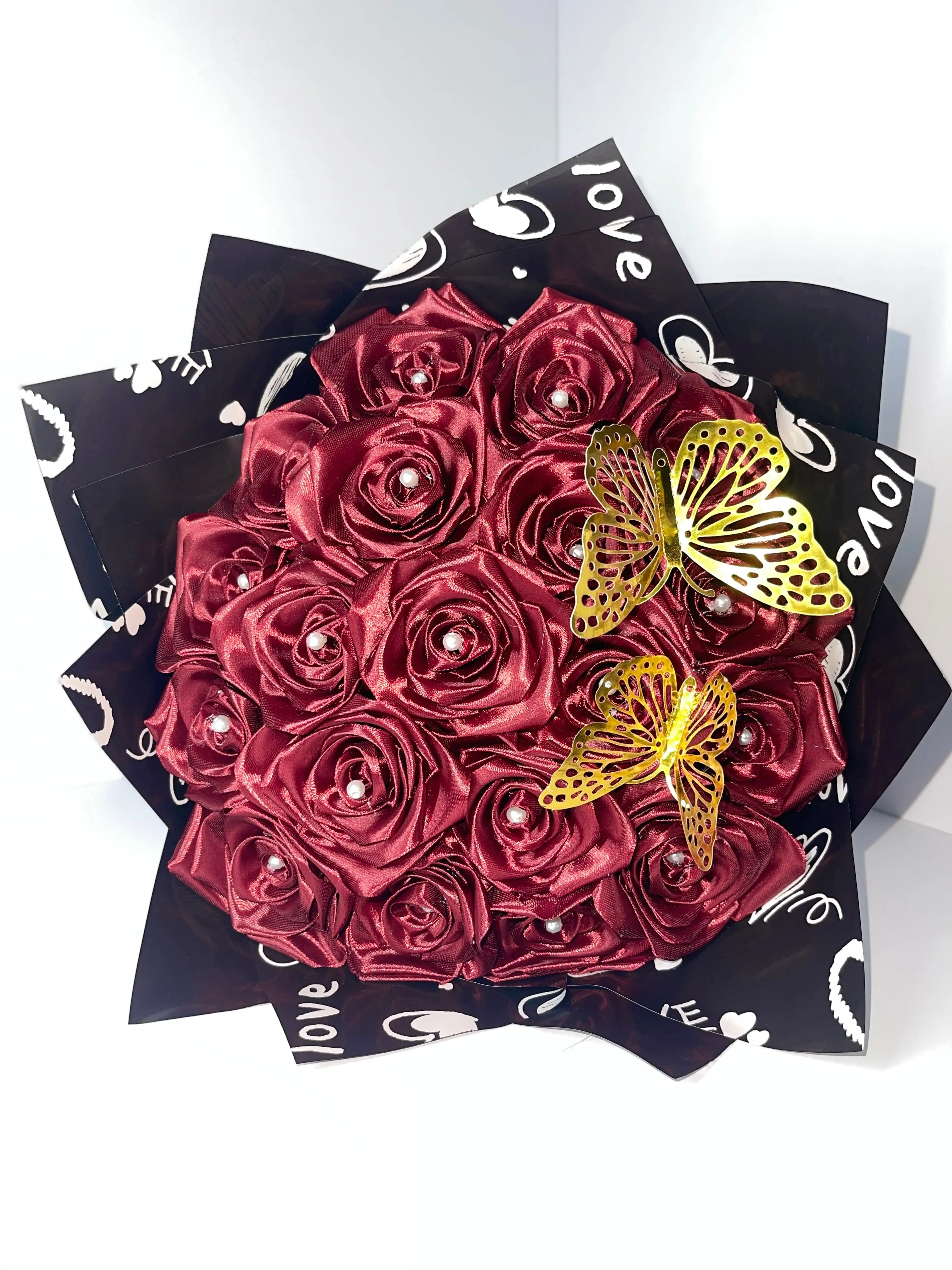 Handmade Eternal Satin Rose Bouquet - Burgundy with Gold Butterflies (18-rose) Red Roses Ribbon