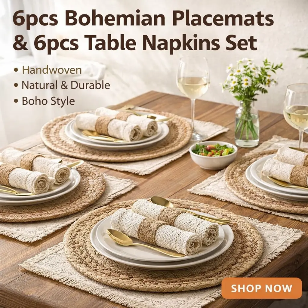 6pcs Thick Handmade Boho Placemats - Natural Cotton Burlap, Water Straw Woven, Macrame Farmhouse Style Tableware for Square/Round Dining Table Kitchen Décor
