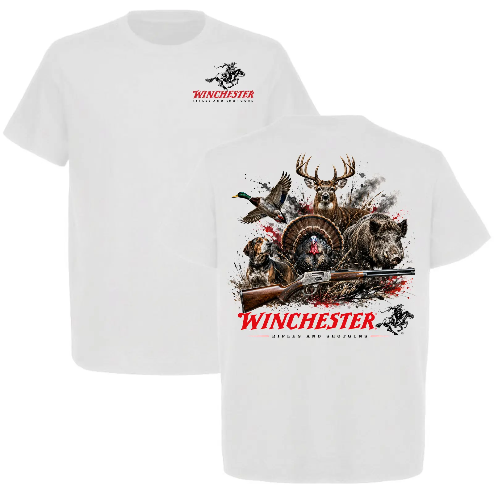 Winchester Rifle Hunting Wildlife Graphic T-Shirt for Men, Deer Turkey Duck Wild Boar Hunting Dog Tee, Front and Back Print, Gift for Hunters
