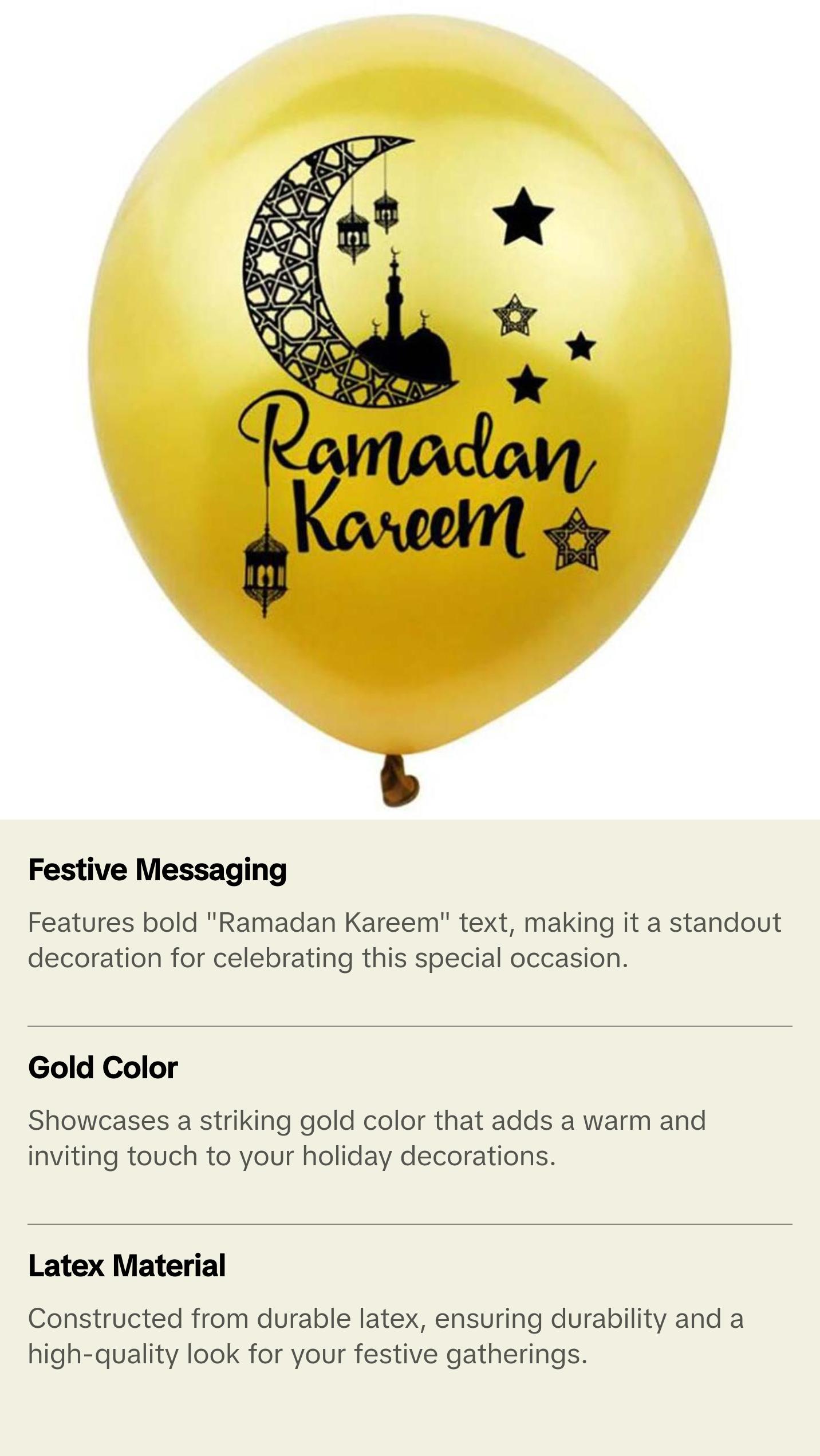 Islamic Holiday Decor | Ramadan Kareem Balloons | 10 Pack - Gold
