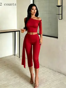 Women's New Arrival Asymmetrical Shoulder Top + High Waist Seven-Eighths Pants Set, Pure Desire Style, Slimming and Height-Enhancing