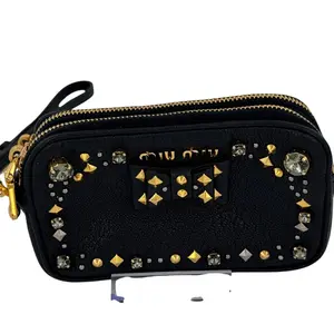 Pre-owned miu miu Leather Clutches & Wristlets Studded Zip Pouch / Wristlet with Gold Accents and Crystal Embellishments