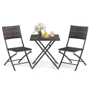COSTWAY - 3 Piece Rattan Bistro Set Outdoor Folding Dining Table and Chairs with Wicker Seat