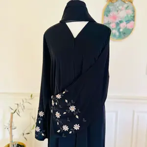 Elegance Collection: Nidha Black Abaya - Noir with Beaded Floral Embroidery on Sleeves