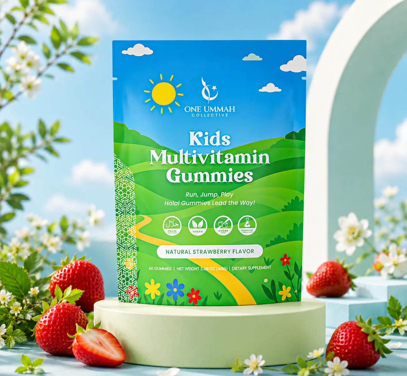 Halal Certified Kids Multivitamin Gummies - Sugar Free, Easy Digestion & High Absorption - Packed with Essential Nutrients, Folate & Biotin for Energy, Growth, and Wellness - Tasty 60 ct Gummy, Zinc, Strawberry