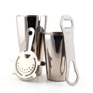 Stainless Steel 4-Piece Metallic Tin Glitter Bar Set with V-Rod® - Bar & Wine Utensils Including Cocktail Shaker and Bottle Opener