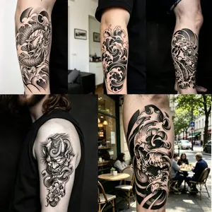 5Pcs Japanese Traditional Temporary Tattoos Set, Waterproof Long-Lasting Black Fake Tattoos, Dragon Hannya Skull Wave Body Art for Men, Skin-Safe No Pain Sleeve Tattoos