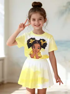Girls' 3D Printed Sweet Pattern Top and Skirt Set, Summer Casual, Round Neck Short Sleeve, Two-Piece Ensemble