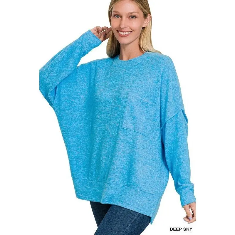 SKY BLUE BRUSHED MELANGE DROP SHOULDER OVERSIZED SWEATER
