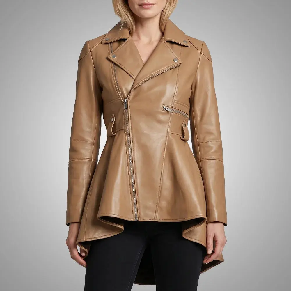 Women's Honey Beige Peplum Leather Jacket - Lambskin