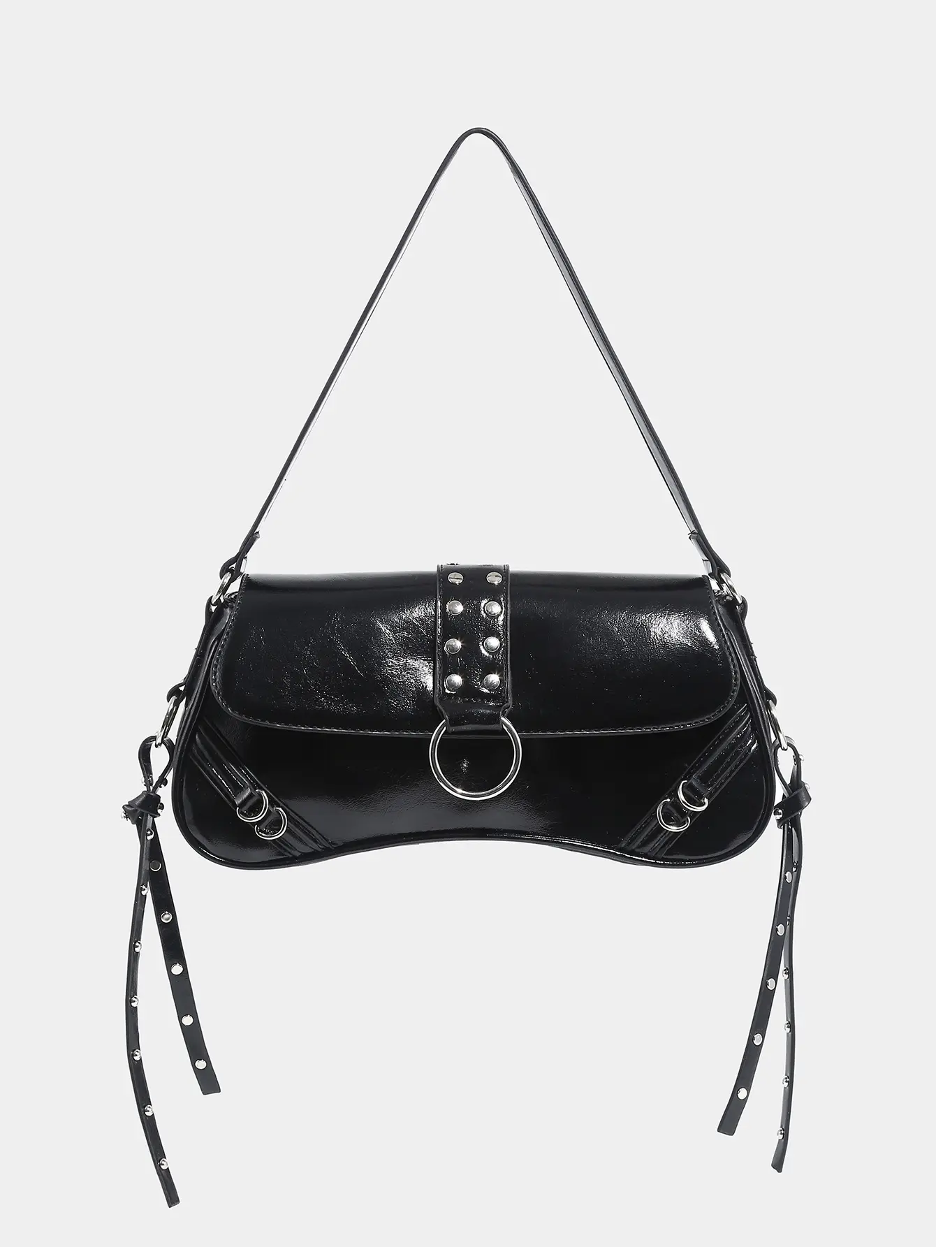 Edgy Y2K Black Baguette Bag for Women - Glossy Faux Leather with 