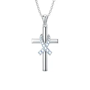 MEIDERBO Dream Chaser Breast Cancer Cross Necklace 925 Sterling Silver December Birthstone Pendant Heartfelt Pink Ribbon Awareness Jewelry for Women