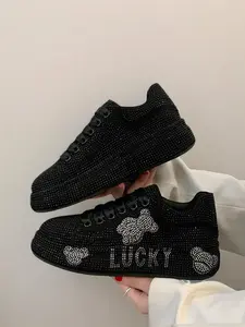 Full Rhinestone Thick Sole Casual Shoes, Unique Bear Design, Sparkly Luxury Flat Board Shoes, Party, Wedding, Multi-Scene Trendy Women's Shoes